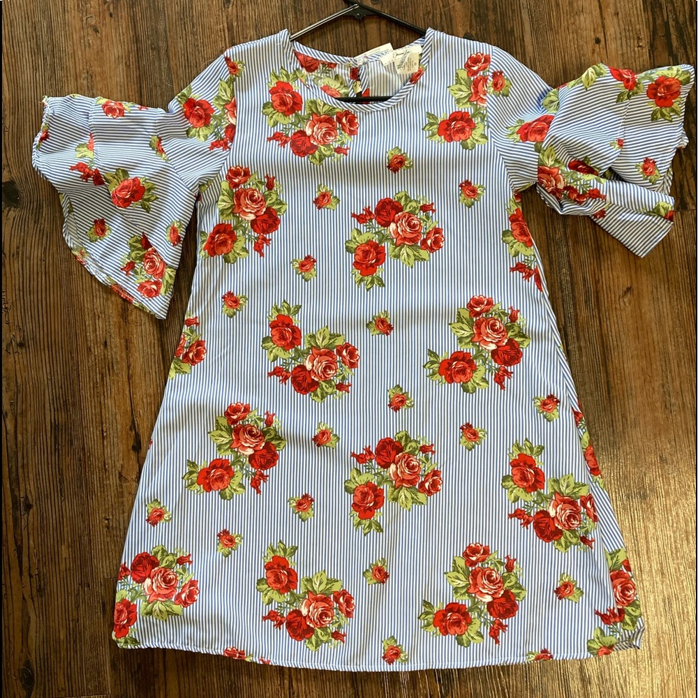 Medium obsessive love brand dress. Blue and white pin stripes with flowers.